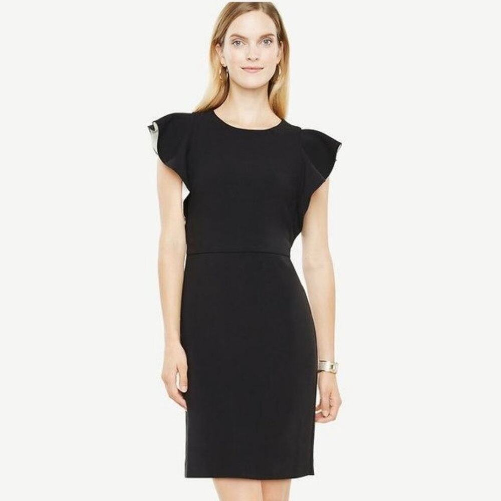 Ann Taylor Ruffle Sleeve Sheath Dress Black 12 NEW